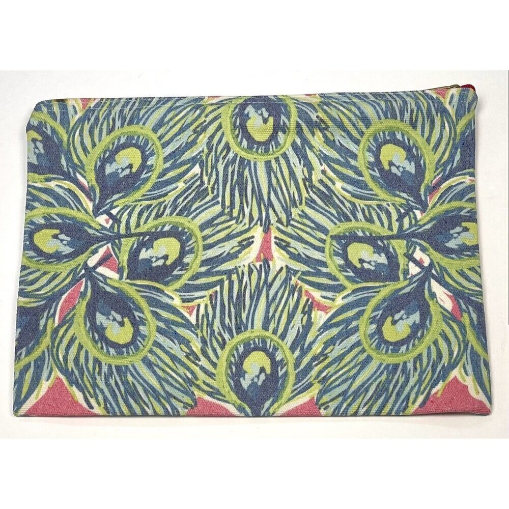SALT & PALMS 12"x9" Blue/Green/Pink Canvas Peacock Print Toiletry Zipper BAG EUC